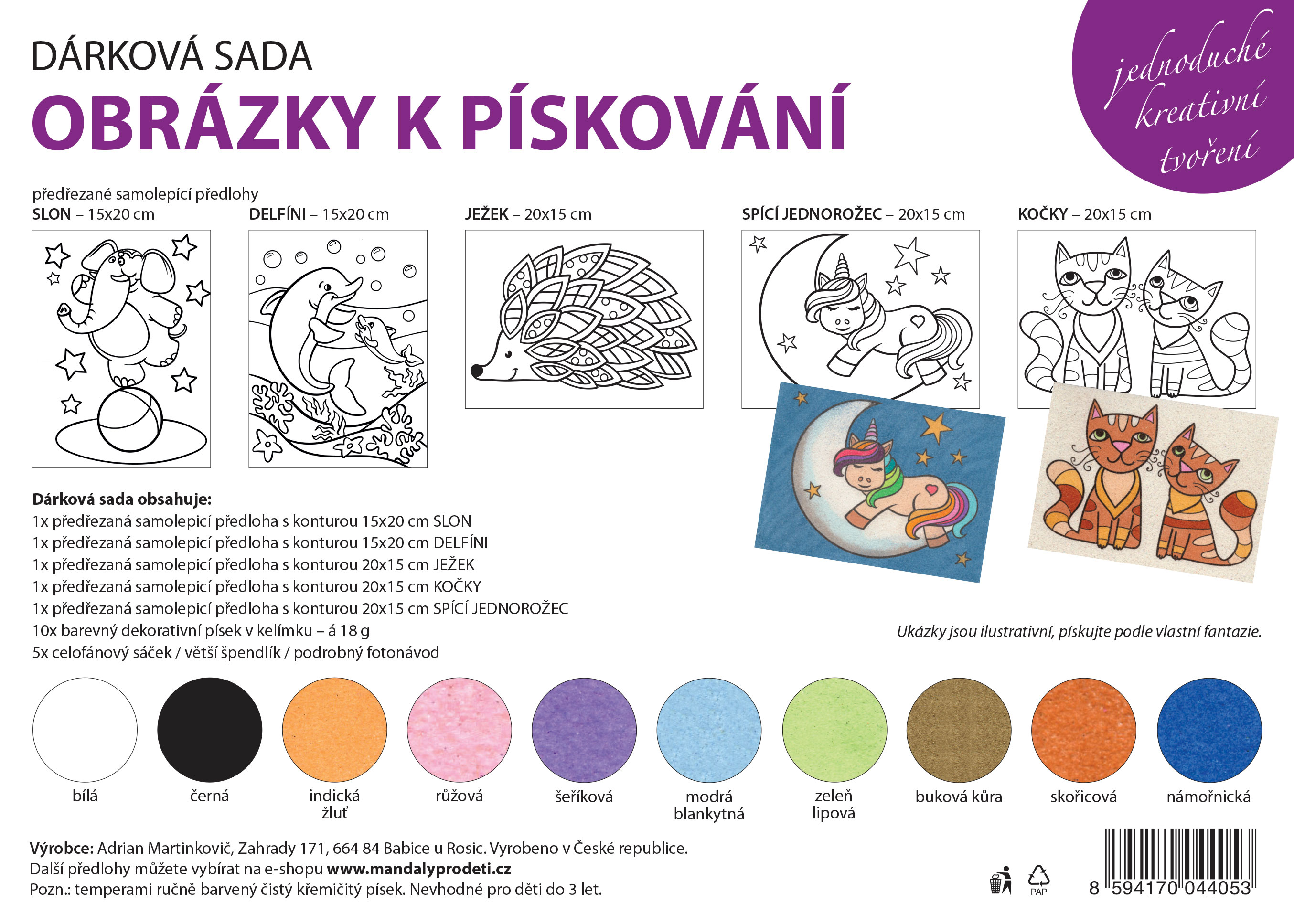 sada SLON, DELFÍNI, JEŽEK, SPÍCÍ JEDNOROŽEC, KOČKY / 20x15 cm