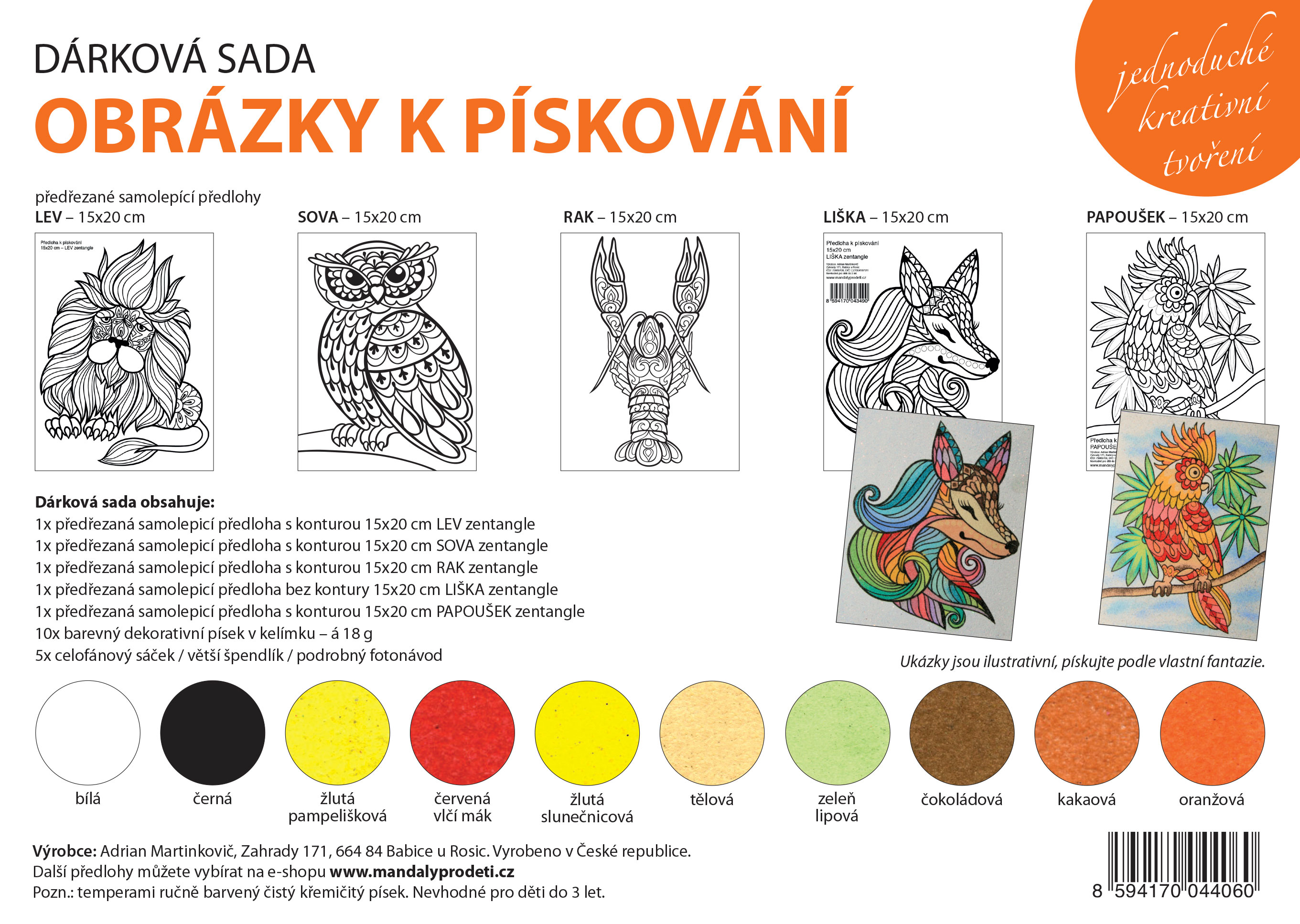 sada LEV, SOVA, RAK, LIŠKA, PAPOUŠEK / 20x15 cm