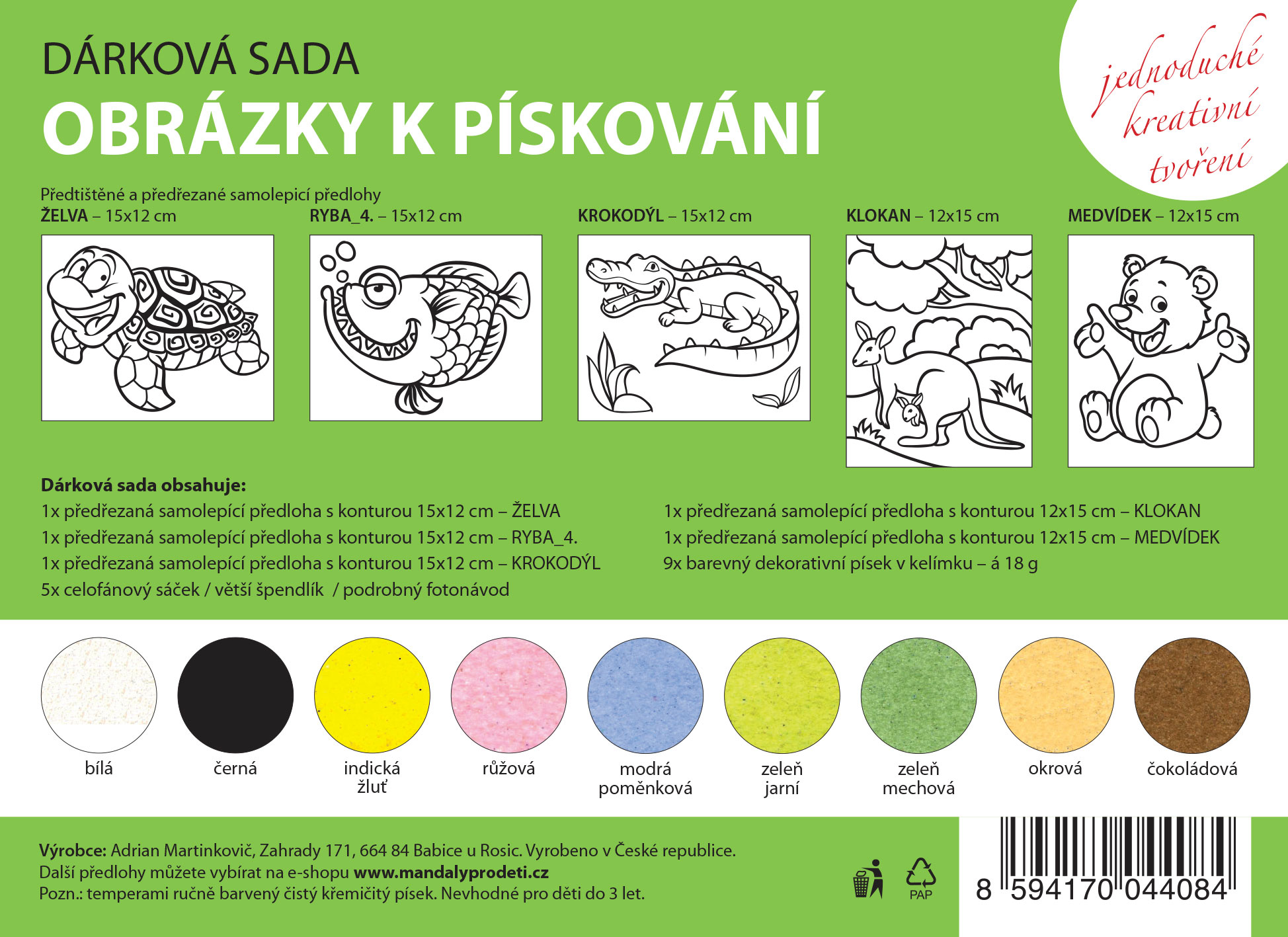sada ŽELVA, RYBA IV., KROKODÝL, KLOKAN, MEDVÍDEK/ 15x12 cm