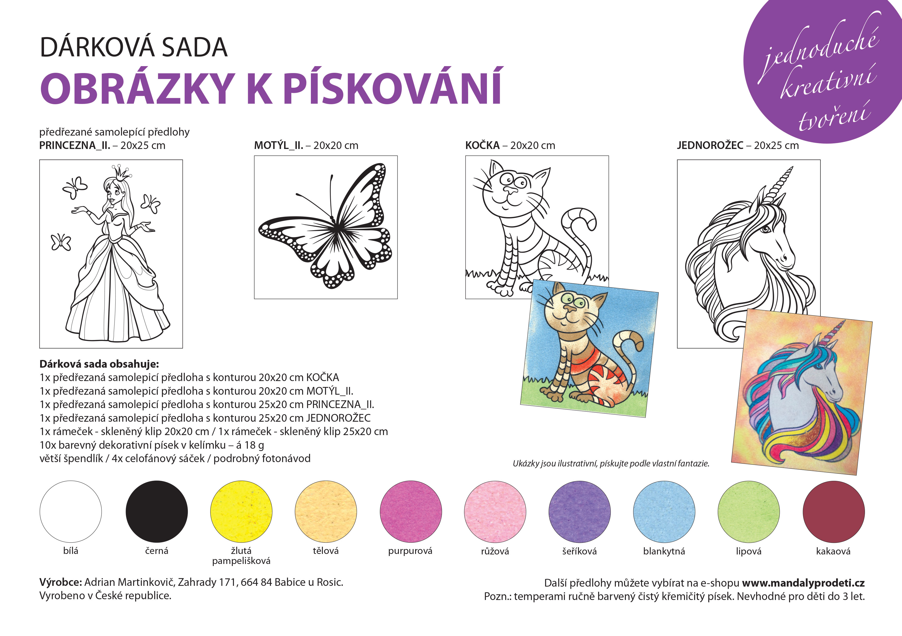 sada PRINCEZNA, MOTÝL, KOČKA, JEDNOROŽEC se skleněnými klipy