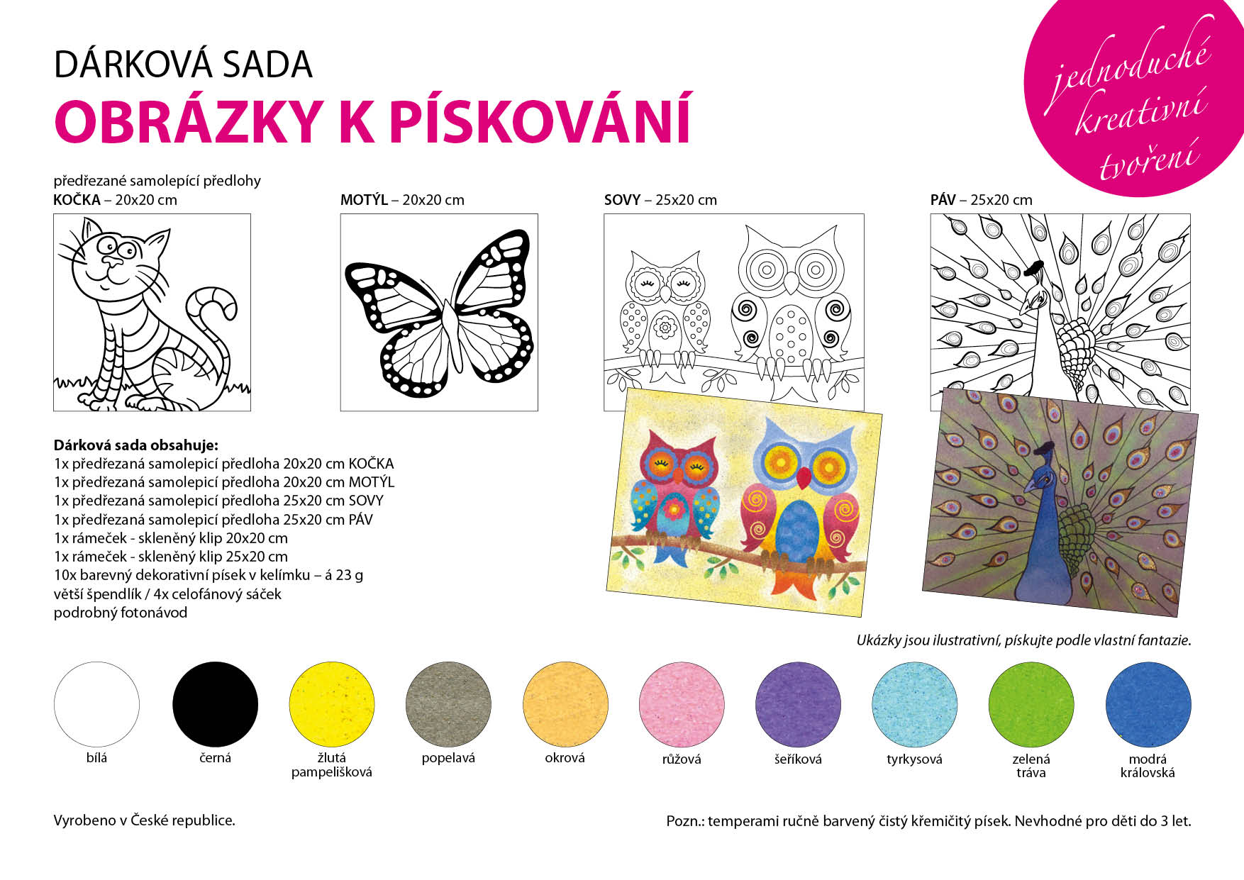 sada KOČKA, MOTÝL, SOVY, PÁV se skleněnými klipy